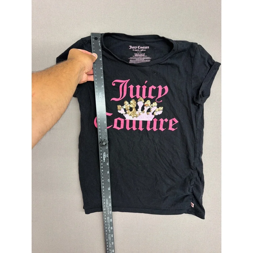 Juicy Couture Kids Girls Black Pink Sequin Crown Logo T-Shirt Size L 12/14